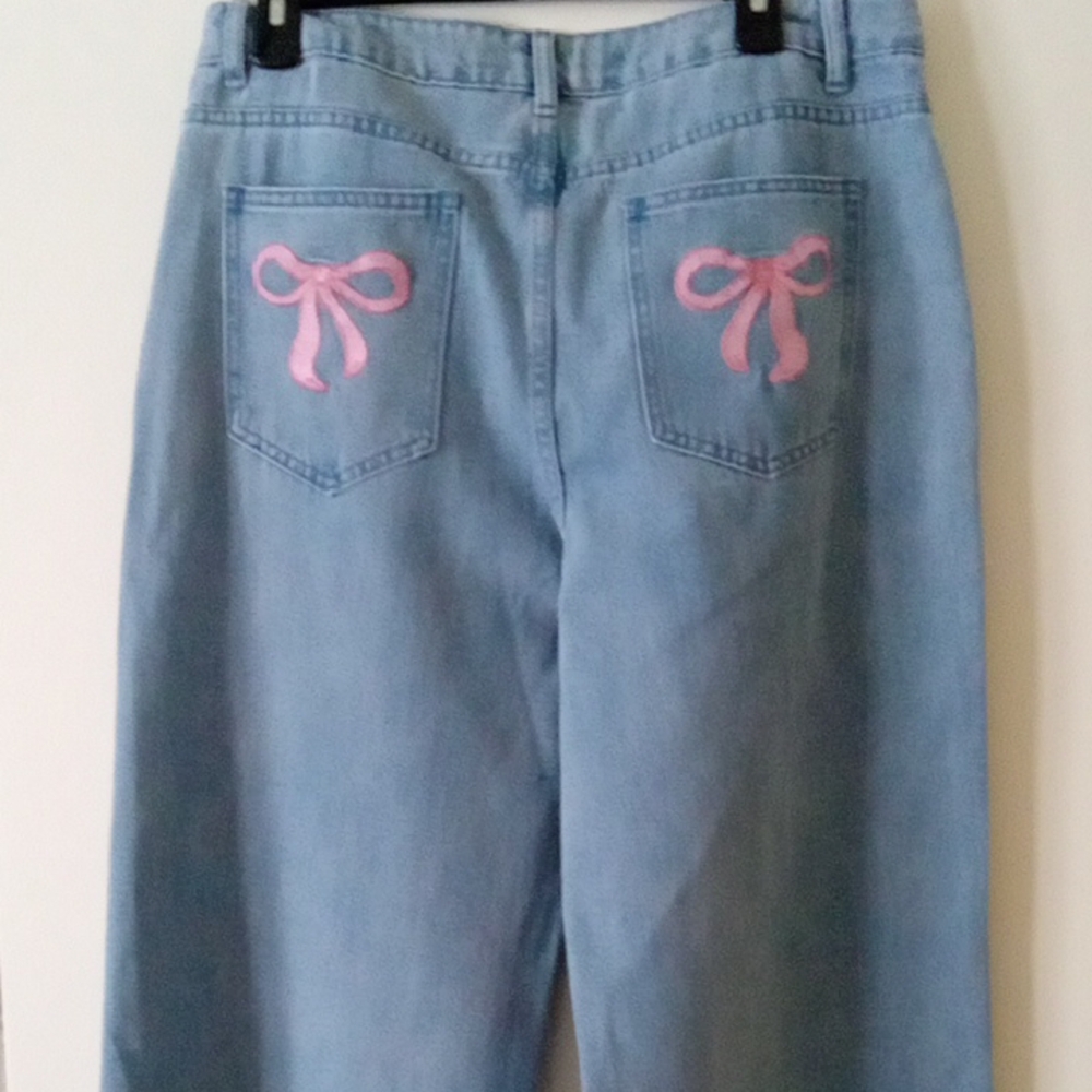 J for Justify Blue and Pink Straight Leg Jeans with Embroidered Bows